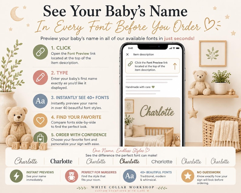 May include: An instructional graphic for a custom name sign service featuring a smartphone displaying a font preview tool. The text reads: See Your Baby's Name In Every Font Before You Order, with five numbered steps, a list of features, and the name Charlotte in various fonts.