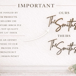 May include: A comparison graphic showing two wooden script signs reading The Smiths. The top sign labeled Ours is thicker, while the bottom sign labeled Theirs is thinner. Text explains the 1/4 inch thickness and offset design features.