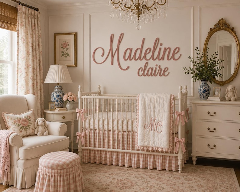 May include: A nursery room featuring a white crib with a pink and white gingham skirt and a quilt embroidered with the initials MC. Above the crib, the name Madeline claire is displayed in large, pink, cursive wooden wall lettering.