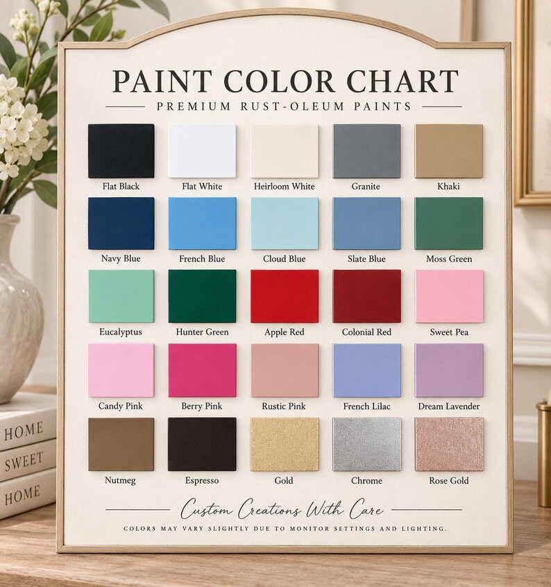 May include: A rectangular paint color chart titled PAINT COLOR CHART PREMIUM RUST-OLEUM PAINTS. It displays twenty-five color swatches in five rows and five columns, each labeled with names like Flat Black, Khaki, and Rose Gold. Text at the bottom reads Custom Creations With Care and Colors may vary slightly due to monitor settings and lighting.