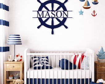 Personalized Nautical Ship Wheel Name Sign, Maple Plywood Nursery Decor