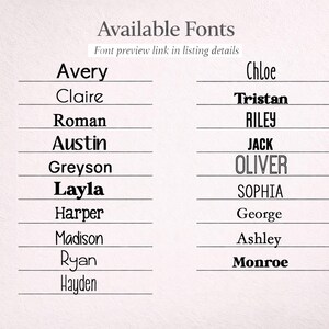 May include: A list of Available Fonts with a font preview link in listing details. The names Avery, Claire, Roman, Austin, Greyson, Layla, Harper, Madison, Ryan, Hayden, Chloe, Tristan, RILEY, JACK, OLIVER, SOPHIA, George, Ashley, and Monroe are displayed.