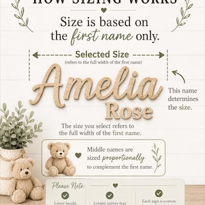 May include: An informational graphic titled HOW SIZING WORKS explaining that custom name sign size is based on the first name width. It features the name Amelia Rose in wooden script, a teddy bear, and text notes about proportional sizing for middle names.