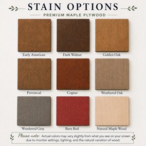 May include: A grid of nine square premium maple plywood samples displaying stain options labeled Early American, Dark Walnut, Golden Oak, Provincial, Cognac, Weathered Oak, Weathered Gray, Barn Red, and Natural Maple Wood.
