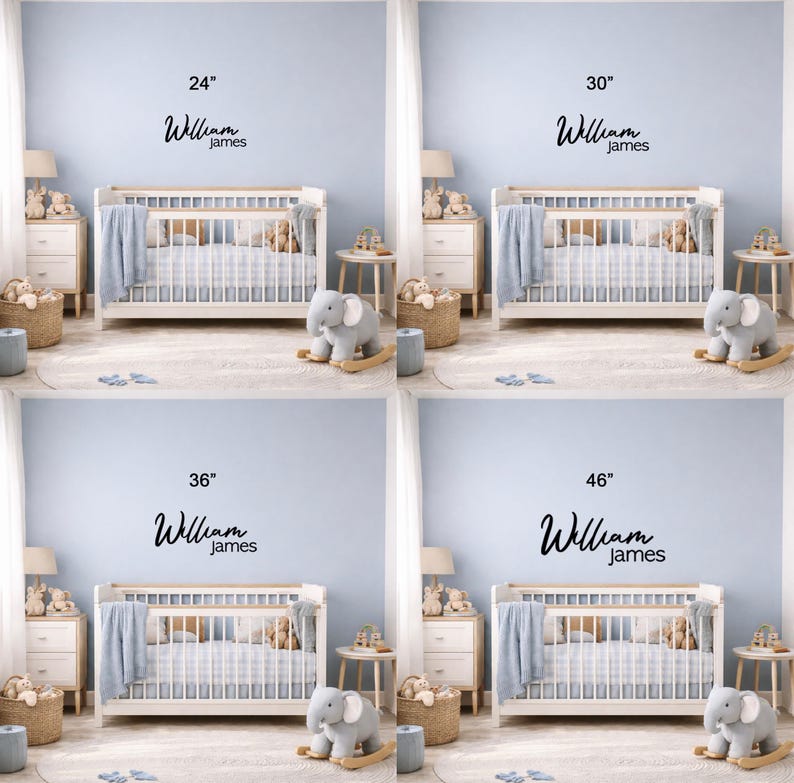 May include: A black wall decal featuring the name William James in a script and sans-serif font combination. The image displays four variations of the decal in sizes 24 inches, 30 inches, 36 inches, and 46 inches, each positioned above a white crib.