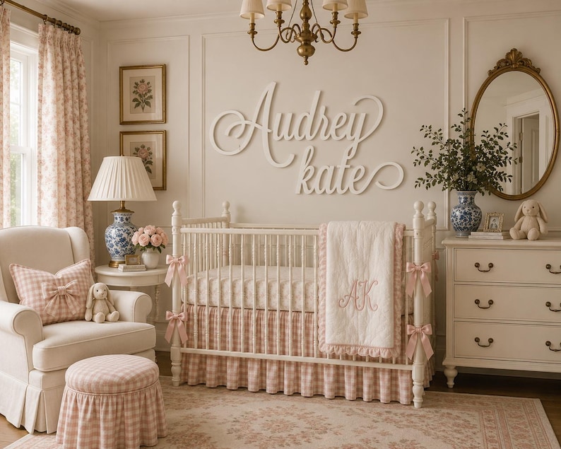 Grandmillennial Nursery Name Sign, Personalized Baby Name Sign, Vintage Nursery Decor, Custom Wood Nursery Name, Heirloom Baby Room Decor image 19