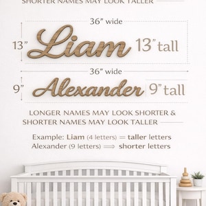 May include: A wooden wall sign displaying the names Liam and Alexander in a cursive font. Text indicates letter height varies, with examples showing 36-inch widths and 13-inch or 9-inch heights. A white crib, teddy bear, and small plant are visible below.