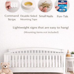 May include: An installation guide for signs featuring four circular images showing Command Strips, double-sided mounting tape, small nails, and Fun-Tak. The text reads Easy Installation Guide, Lightweight signs that are easy to hang, and Proofs sent by request.