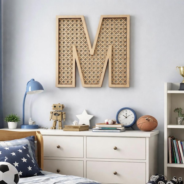 Rattan Monogram Letter, Personalized Wood Initial, Boho Nursery Wall Decor