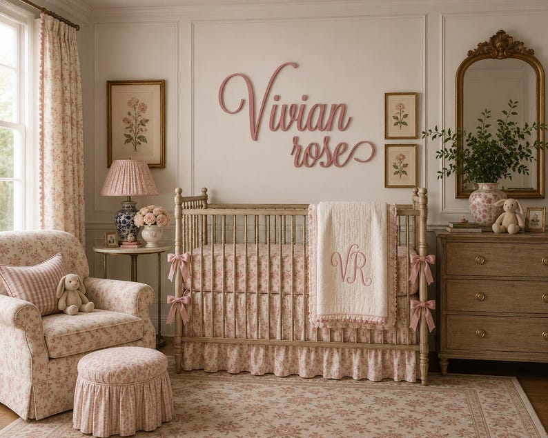 May include: A wooden crib with a light wood finish, featuring a ruffled floral skirt, a cream-colored blanket with the embroidered initials VR, and pink ribbon accents. Above the crib, the name Vivian rose is displayed in pink script lettering.