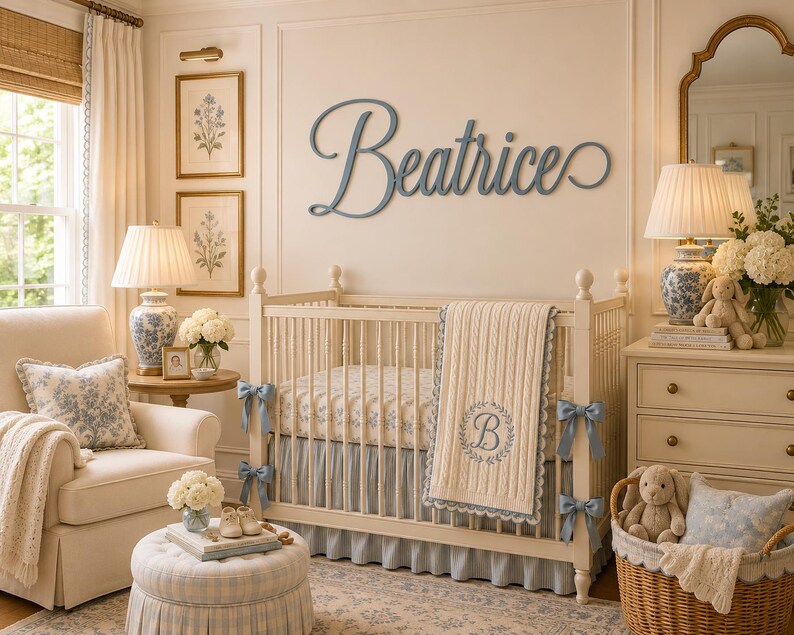 May include: A wall-mounted wooden name sign in a cursive script reading Beatrice in a muted blue finish, positioned above a cream-colored wooden crib with a cable-knit blanket featuring a circular monogram with the letter B.