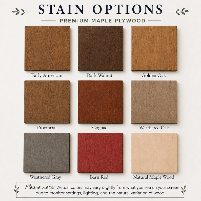 May include: A grid of nine square premium maple plywood samples displaying stain options labeled Early American, Dark Walnut, Golden Oak, Provincial, Cognac, Weathered Oak, Weathered Gray, Barn Red, and Natural Maple Wood.