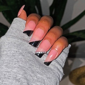 Black slanted French tips w/ rhinestones | Gel press on nails