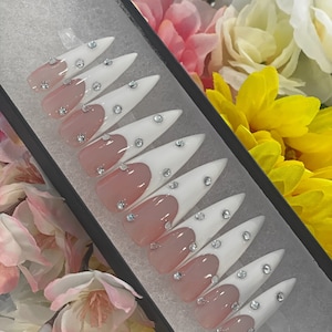 White french tip nails with rhinestones | Gel press on nails