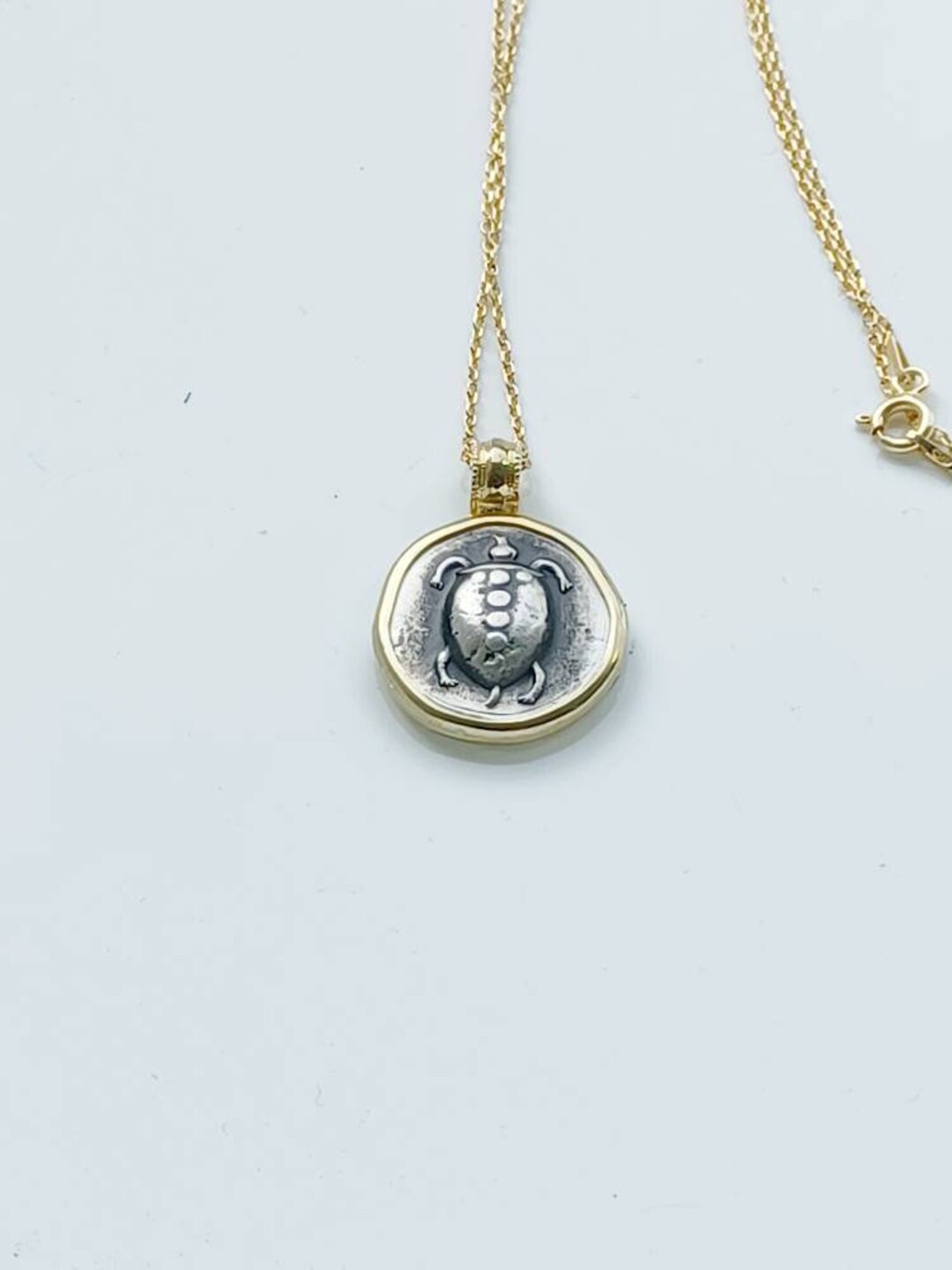 Greek Aegina Turtle Coin Pendant Necklace Sterling Silver 925 & Gold ...
