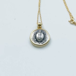 Greek Aegina Turtle Coin  Pendant Necklace sterling silver 925 & Gold plated k 14  Best Gift Ideas.Handmade