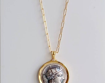 Athena coin  pendant necklace sterling silver 950 & Gold plated K14 . Best gift ideas.Handmade
