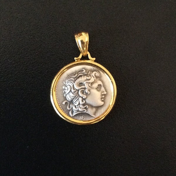 Alexander The Great Coin Pendant 925 Sterling Silver & 14k Gold plated Greek Handmade