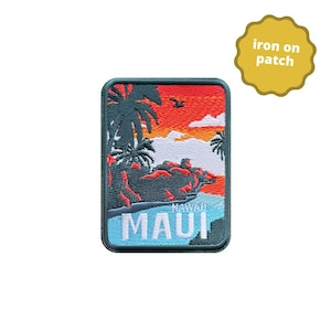 May include: Iron-on patch depicting a sunset scene with palm trees and the text "MAUI" in white. The patch has a green border and a blue background.