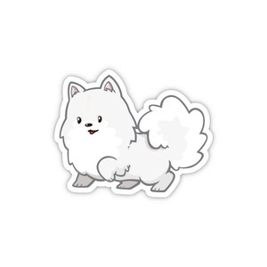 May include: A white sticker featuring a cartoon illustration of a fluffy dog, likely a Pomeranian or similar breed. The dog has a smiling expression, with a pink tongue, and gray paws. The sticker has a white border.