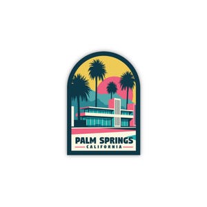 Peut inclure: Un autocollant avec une illustration rétro de Palm Springs, Californie. Le design comprend des palmiers, un bâtiment moderne du milieu du siècle et le texte "PALM SPRINGS CALIFORNIA" dans un cadre coloré en forme d'arche.