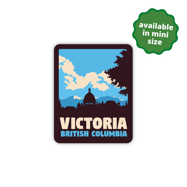 Puede incluir: Una pegatina marr&oacute;n y azul con una silueta del horizonte de Victoria, Columbia Brit&aacute;nica. El horizonte incluye un edificio con c&uacute;pula y &aacute;rboles. El texto "VICTORIA BRITISH COLUMBIA" est&aacute; impreso debajo del horizonte.