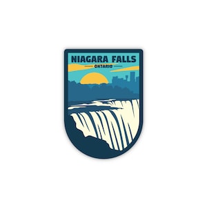 May include: A blue and yellow vintage-style travel sticker with the text "NIAGARA FALLS - ONTARIO -" and a silhouette of Niagara Falls with a cityscape and a setting sun.