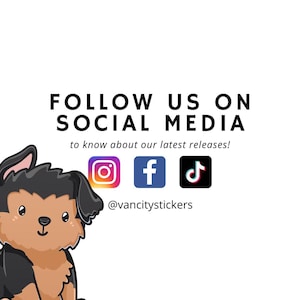 Puede incluir: S&iacute;guenos en las redes sociales para conocer nuestros &uacute;ltimos lanzamientos. Se muestran los iconos de Instagram, Facebook y TikTok con el nombre de usuario @vancitystickers.