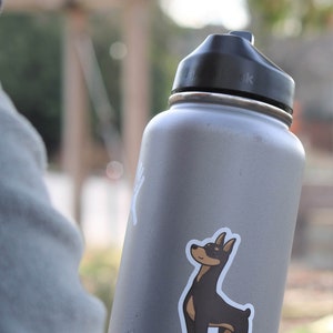 May include: A gray stainless steel water bottle with a black lid and a sticker of a brown and black dog on the side.