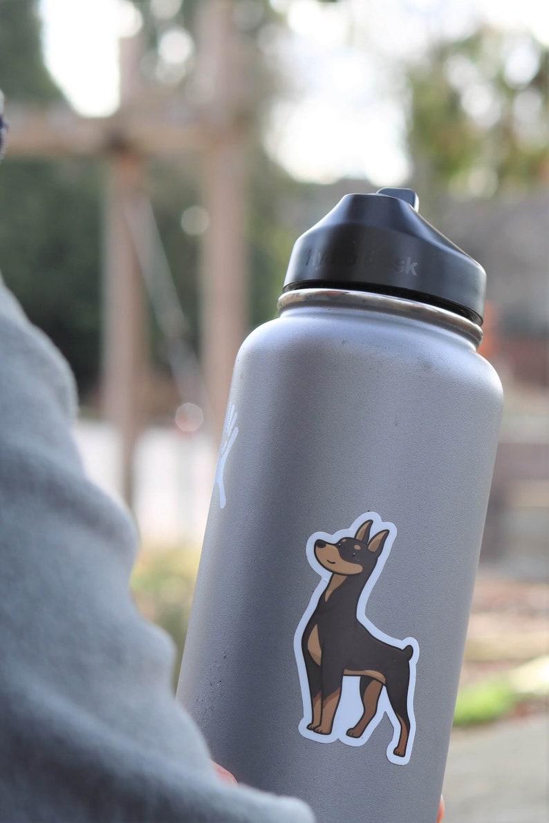 May include: A gray stainless steel water bottle with a black lid and a sticker of a brown and black dog on the side.