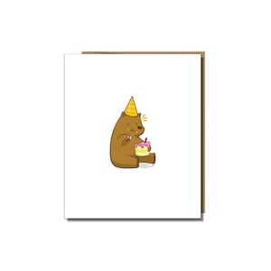 Bear Eating Birthday Cake Card, Cute Animal Blank Greeting Cards, Cute Cards For Kids, Cartoon Birthday Card