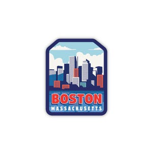 May include: A rectangular sticker with a Boston, Massachusetts skyline design. The word "BOSTON" is in red, and "MASSACHUSETTS" is below in blue. The design is set against a blue sky with clouds, evoking a retro travel style.