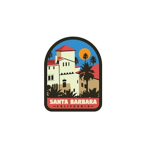 May include: A vintage-style patch featuring a colourful illustration of a building with red tiled roofs and palm trees. The text "SANTA BARBARA - CALIFORNIA -" is printed on the patch.
