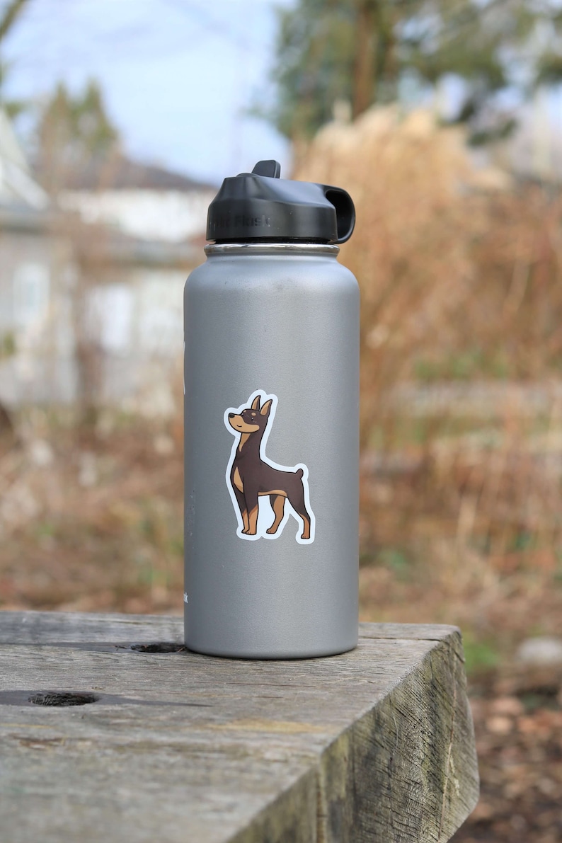 May include: A silver water bottle with a black lid and a sticker of a brown and tan dog on the side.