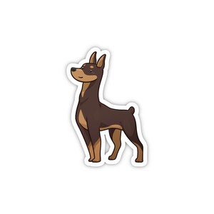 May include: A cartoon illustration of a brown and tan Doberman Pinscher dog standing on all four legs with its head tilted up. The dog has a white patch on its chest and a white spot above each eye.