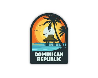 May include: A colorful sticker with a sunset scene featuring a palm tree, a hut on stilts, and the text "DOMINICAN REPUBLIC".
