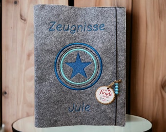 Zeugnismappe aus Filz mit Name inkl. 20 Seiten orig.LEITZ Mappe Junge Mädchen „Stern im Kreis“ Farbauswahl Geschenk Schule Einschulung