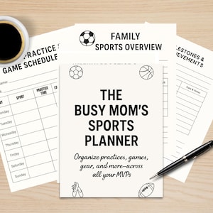 Peut inclure: Un planificateur imprimable pour les mamans occupées pour organiser les horaires sportifs, les entraînements, les matchs et l'équipement. Le planificateur comprend un aperçu des sports familiaux, un calendrier des matchs et une section pour les jalons et les réalisations. Le planificateur est en noir et blanc avec des illustrations d'équipements sportifs.