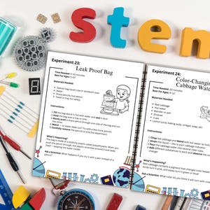 May include: Two pages from a STEM activity book with instructions for two science experiments: Leak Proof Bag and Colour-Changing Cabbage Water. The pages are open and show illustrations of the experiments.