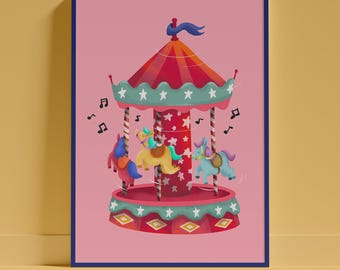 Whimsical Carousel Nursery Print, Merry-Go-Round Art, Kids Room Decor (Digital Download)