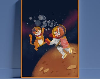 Astronaut Girl Cat Space Art Print, Whimsical Kids Room Decor (Digital Download)