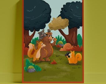 Woodland Friends Nursery Print, Whimsical Forest Animals Kids Art (Digital Download)