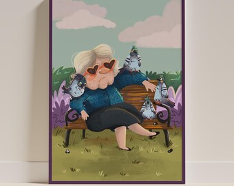 Whimsical Pigeon Lady Park Bench Illustration, Whimsical Bird Art (Digital Download)