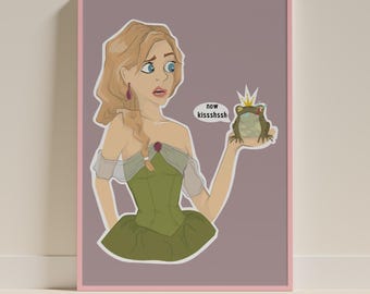 Funny Frog Prince Printable Wall Art, Princess and Frog Illustration, Whimsical Fairytale Decor