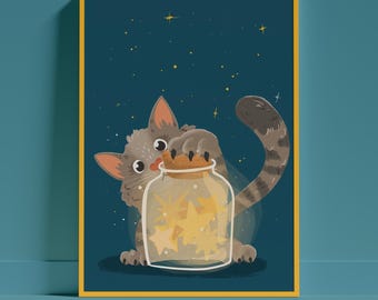 Whimsical Cat Stars Jar Nursery Art Print, Hand-Drawn Kitten Wall Decor (Digital Download)