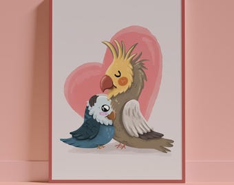 Cockatiel Budgie Love Birds Art Print, Whimsical Nursery Decor (Digital Download)