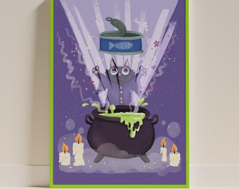 Funny Black Cat Halloween Print, Witchy Tuna Ritual Art (Digital Download)