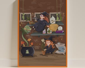 Whimsical Witch Mom and Daughter Illustration, Halloween Garden Art (Digital Download)