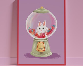 Bunny Gumball Machine Art, Whimsical Nursery Print, Hand-Drawn Illustration (Digital Download)
