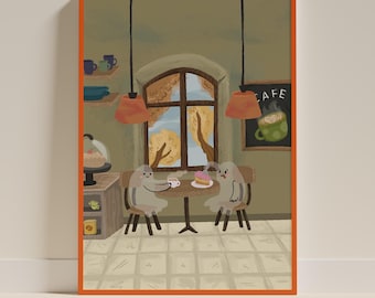Whimsical Ghost Cafe Print, Cozy Halloween Decor, Autumn Coffee Shop Art (Digital Download)